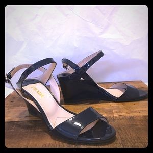 Prada Navy patent leather wedge sandals